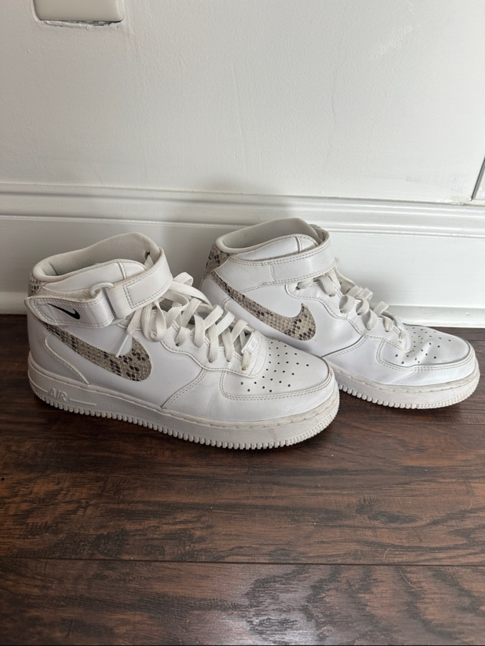 Nike White High-Top Sneakers with Snake-Print Swoosh